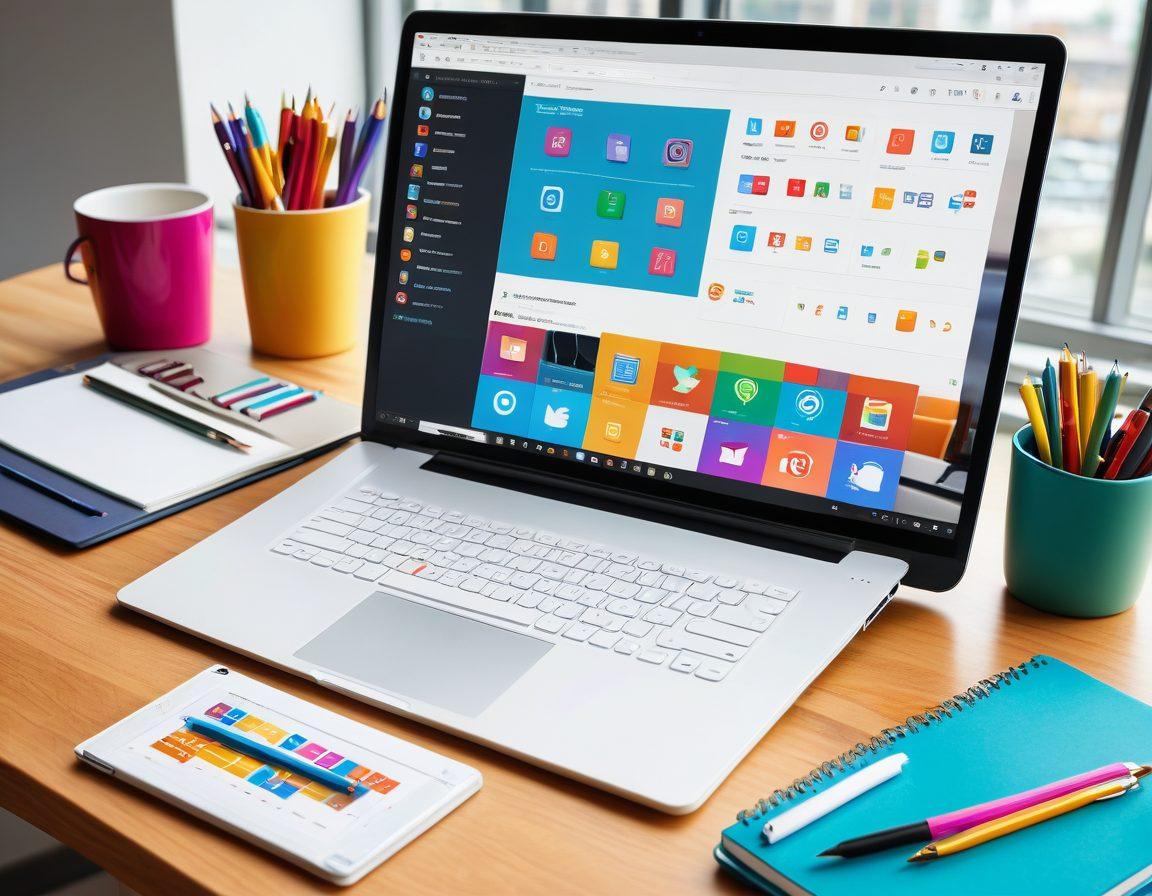 An arrangement of diverse digital management tools on a sleek desktop, showcasing colorful app icons displayed on a tablet and laptop screen, surrounded by scholarly items like notebooks and pens, conveying productivity and organization in an academic setting. vibrant colors. modern style. high-tech ambiance.