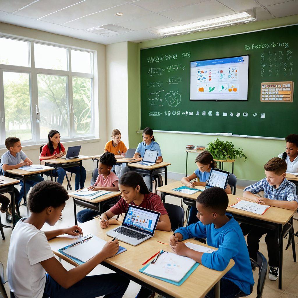 A modern classroom filled with diverse students engaged with various EdTech tools, such as tablets and interactive whiteboards. The environment is vibrant and dynamic, showcasing students collaborating and learning joyfully. Include elements like digital apps on screens, colorful charts, and educational games that symbolize streamlined learning. The room should be bright, spacious, and filled with greenery for a fresh atmosphere. super-realistic. vibrant colors. 3D.
