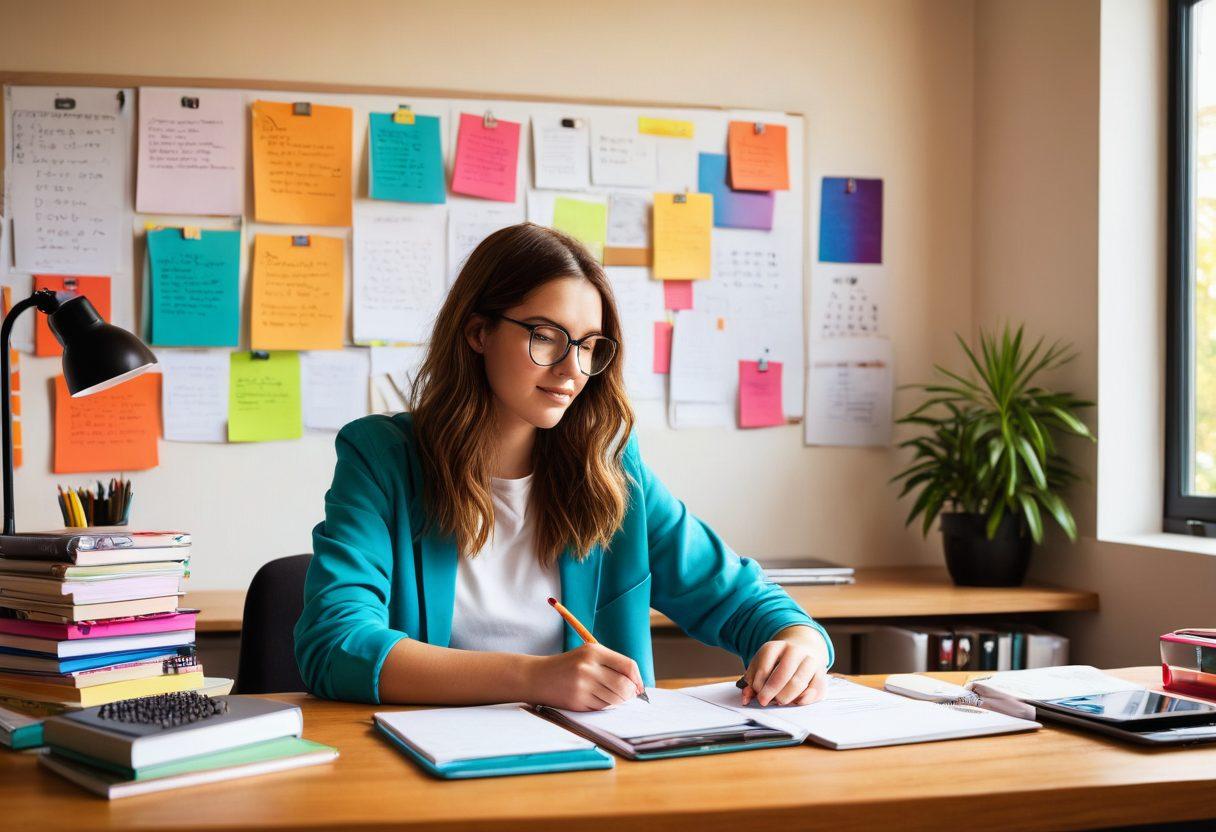 A vibrant workspace featuring a student using a sleek digital tablet with an open note-taking app, surrounded by colorful intelligent binders stacked neatly, motivational quotes on the wall, stylish stationery scattered across the desk, and soft natural light illuminating the scene. super-realistic. vibrant colors. bright background.